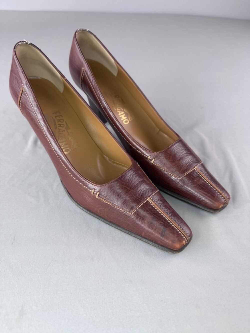 Salvatore Ferragamo Muriel Pump Cone Heels Pointed Toe Brown Leather Size 7.5 3A